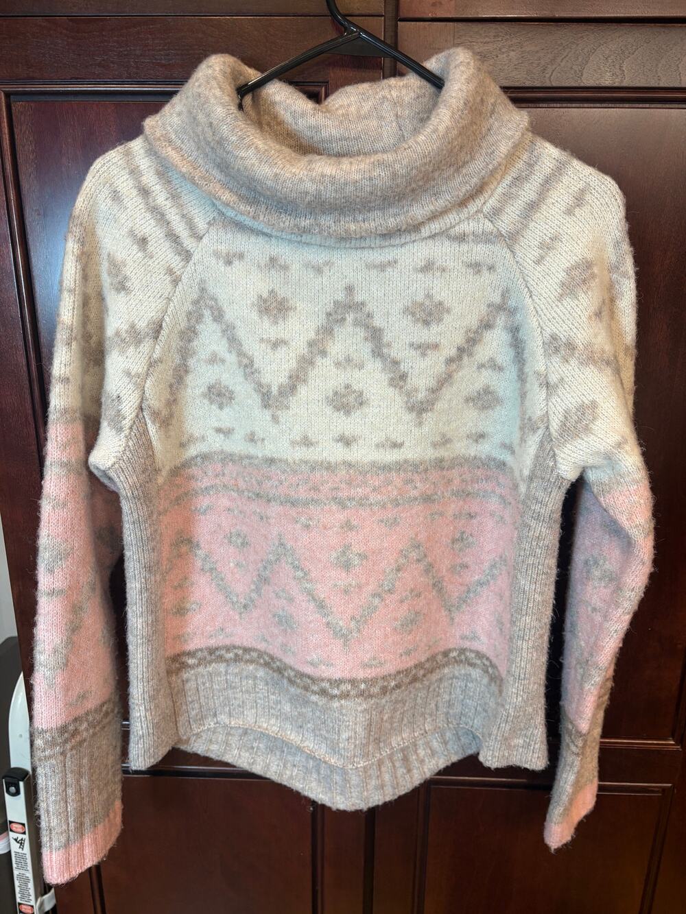 Pink Tan Cream Fair Isle Turtleneck Sweater Size M